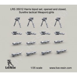 Harris bipod set, opened and folded, Surefire tactical WeaponLights