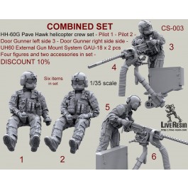 COMBINED SET - HH-60G Pave Hawk helicopter crew set - Pilot 1 - Pilot 2 - Door Gunner left side 3 - Door Gunner right side 4 - UH60 External Gun Mount System GAU-18 x 2 pcs. Four figures and two accessories in set. DISCOUNT 10%