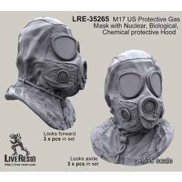 M17 US Protective GasMask with Nuclear, Biological, Chemical protective Hood looks foward and looks aside position
