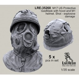 M17 US Protective GasMask with hood and M1 helmet - bullet shoot damage