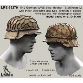 M42 German WWII Steel Helmet - Stahlhelm 42 with chiken wire camo base type I and type II, classic chinstrap and with chinstrap on a peak - real helmet replica