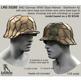 M42 German WWII Steel Helmet - Stahlhelm 42 with wire camo base and chiken wire camo base type III, classic chinstrap and with chinstrap on a peak - real helmet replica