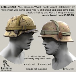 M42 German WWII Steel Helmet - Stahlhelm 42 with chiken wire camo base type IV and Bread Bag strap camo base, classic chinstrap and with chinstrap on a peak - real helmet replica