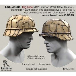 Big Size M42 German WWII Steel Helmet - Stahlhelm 42 with chiken wire camo base type I and type II, classic chinstrap and with chinstrap on a peak - real helmet replica