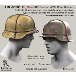 Big Size M42 German WWII Steel Helmet - Stahlhelm 42 with wire camo base and chiken wire camo base type III, classic chinstrap and with chinstrap on a peak - real helmet replica