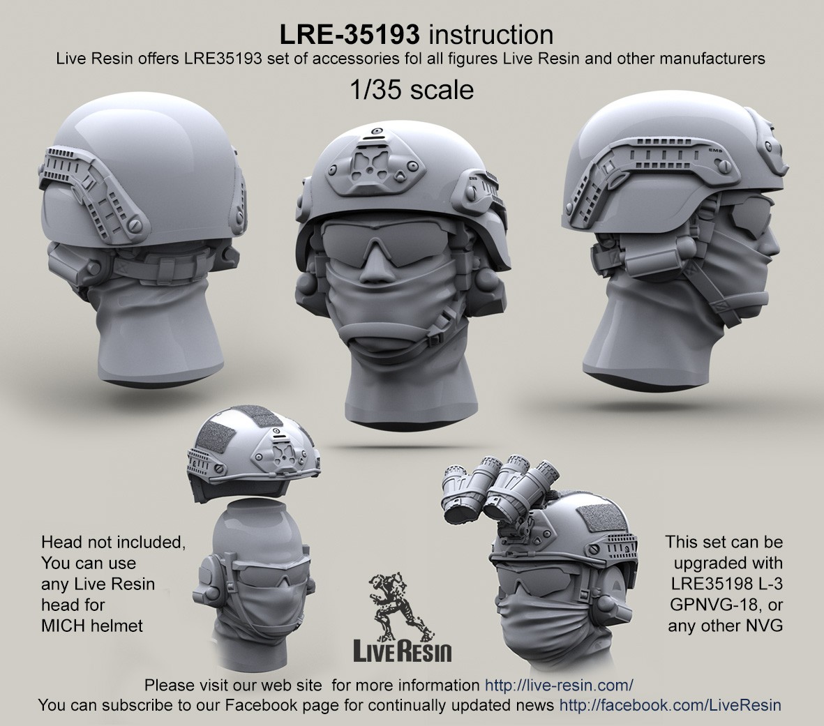 Live Resin 1/35 Uncovered MICH 2000 Helmet w/Rail System & Norotos NVG Shroud 