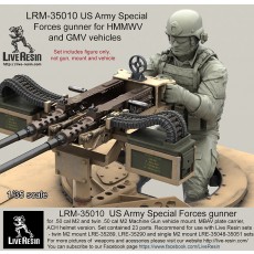 US Army Special Forces gunner for .50 cal M2 and twin .50 cal M2 Machine Gun vehicle mount. MBAV plate carrier, ACH helmet version. Set contained 23 parts. Recommend for use with Live Resin sets - twin M2 mount LRE-35289, LRE-35290 and single M2 mount LRE